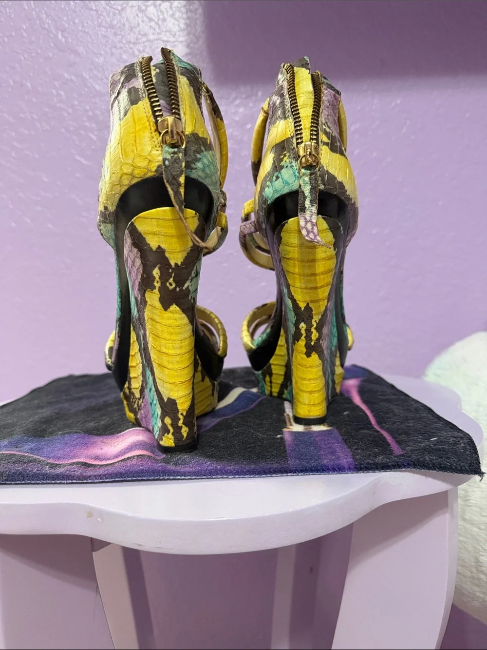 Rachel Zoe Yellow Teal Purple Snake-Print Platform Wedges